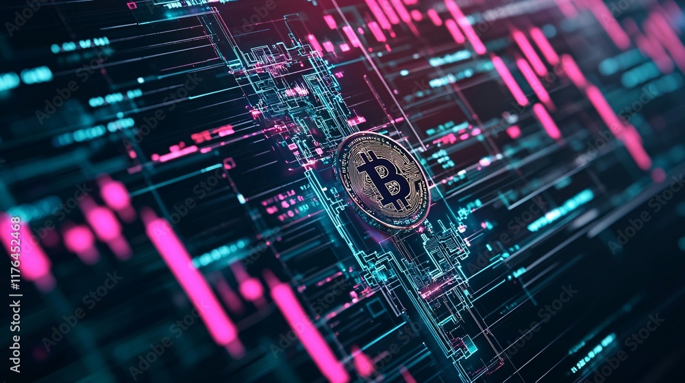 Poster robots creating a complex blockchain structure while analyzing market data, [crypto and ai], [robot 