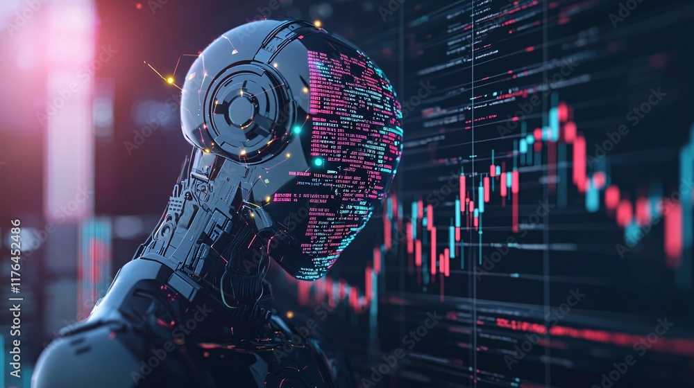Poster robots creating a complex blockchain structure while analyzing market data, [crypto and ai], [robot 