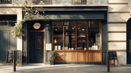 A charming caf? exterior with large windows and outdoor signage, inviting customers inside.