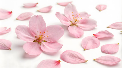 Pink cherry blossoms and petals on white background.