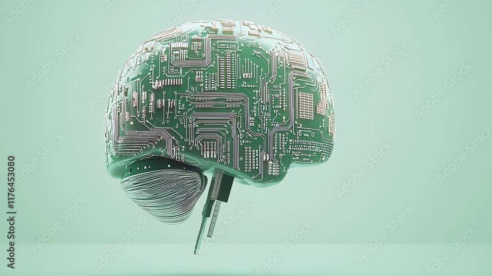Poster robotic brain made of circuit boards calculating stock patterns, [algorithmic trading], [machine int