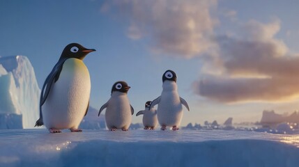 Obraz premium A group of penguins standing on an ice formation in a serene, snowy landscape.