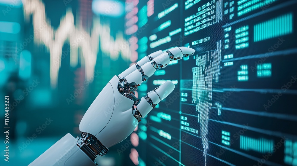 Poster robot hand pressing a buy button on a digital stock trading interface, [automation], [ai executing t