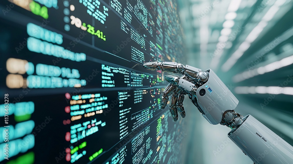 Poster robot hand pressing a buy button on a digital stock trading interface, [automation], [ai executing t