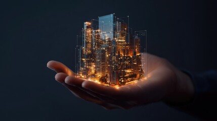 Hand Holding a Futuristic Glowing Technology Metropolis Model at Night