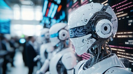Fototapeta premium Group of robots wearing business suits at a stock exchange, [corporate AI], [future of AI in finance]