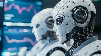 Fototapeta premium Group of robots wearing business suits at a stock exchange, [corporate AI], [future of AI in finance]