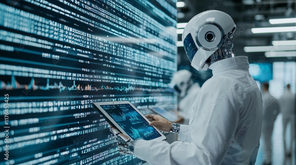 Poster robotic traders using tablet computers in a futuristic stock market environment, [digital transforma