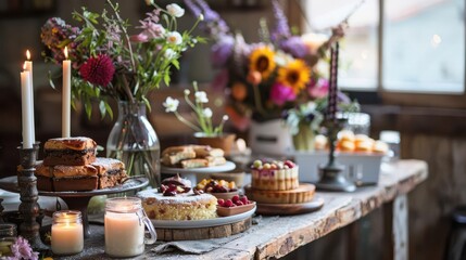 Fototapeta premium A beautifully arranged dessert table featuring cakes, pastries, and fresh flowers for a celebration.
