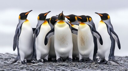 Fototapeta premium A group of penguins standing together on a rocky shore, showcasing their distinctive features.