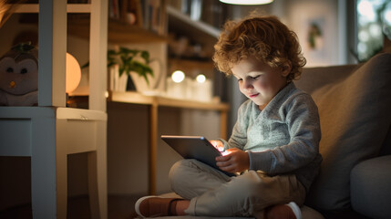 A little boy sitting on the couch, smiling while using an ipad tablet