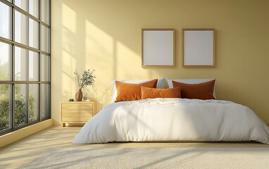 Sunny bedroom interior, large window, wood floor, cozy.