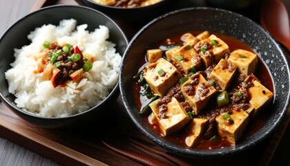 Spicy Mapo Tofu with Rice Served in Modern Asian Dining Setting
