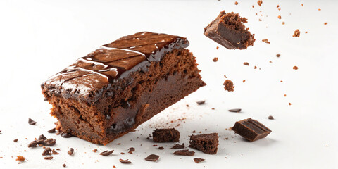 A Tempting Piece of Chocolate Brownie Cake Falling Isolated on a White Background