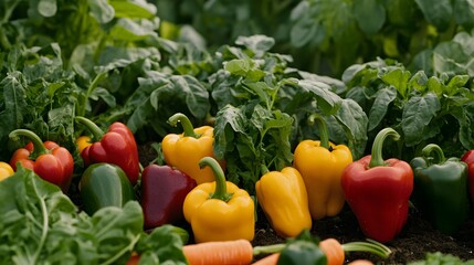 A garden full of colorful vegetables like peppers, carrots, and zucchini growing in raised beds