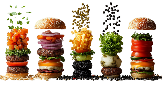 PNG, Burger ingredients, ready burger, isolated on white background, designed and generated by AI technology.