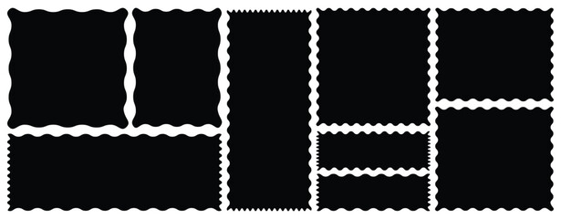 Black silhouette scalloped frames. Geometric shapes stickers with zigzag wavy edge. Set of frames with zigzag edge, scallop edge shapes
