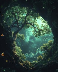 Obraz premium A lush green forest on an alien planet, with thriving trees and butterflies hovering around, symbolizing the harmony between nature and life in space