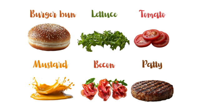 PNG, Burger ingredients, ready burger, isolated on white background, designed and generated by AI technology.