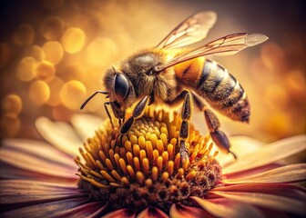 Fototapeta premium Vintage Bee Collecting Pollen: Golden Dust & Nature's Dance