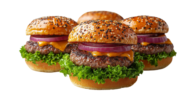 PNG, Burger ingredients, ready burger, isolated on white background, designed and generated by AI technology.