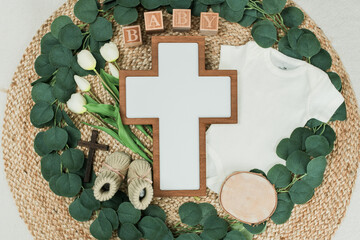 Minimalist Christian pregnancy announcement, Simple Wooden cross decor, Faith-inspired baby...