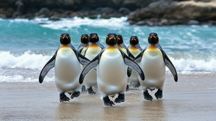 Fototapeta premium A group of penguins walking along the beach near the water.