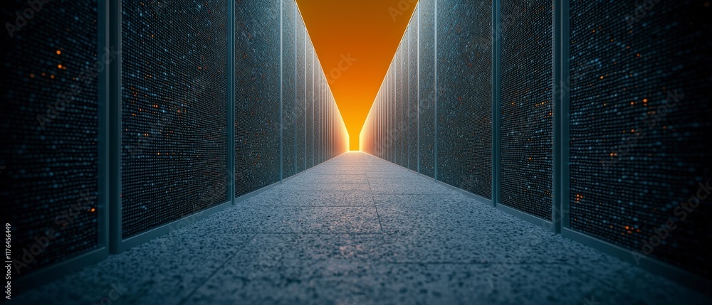 Poster futuristic data center corridor big data servers technology innovation network digit