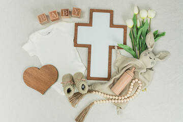 Minimalist Christian pregnancy announcement, Simple Wooden cross decor, Faith-inspired baby...