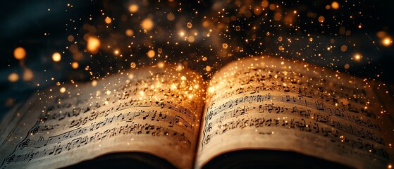A stunning visual of musical notes shining from an ancient music book, with an orchestral arrangement in the background, symbolizing the essence of classical symphonies