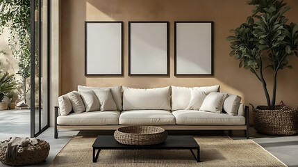 Modern living room interior with blank frames, sofa, plants, and patio view.