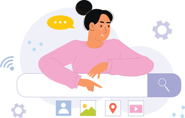 A flat style search bar illustration for digital platforms, featuring a clean and simple design of a search bar with a magnifying glass icon, placed on a modern interface with soft colors