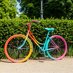 Fototapeta premium A rainbow-painted bicycle in a park