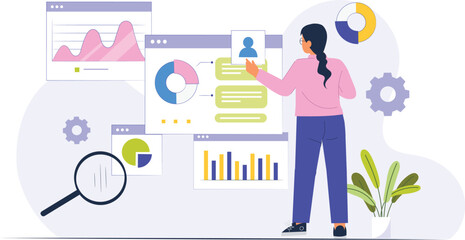 A modern data analysis illustration for business insights, showcasing graphs, charts, and dashboards on a screen, with professionals analyzing data and making decisions based on real-time analytics
