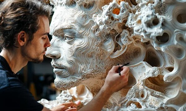 A sculptor examines an intricate, abstract human face sculpture made of swirling patterns.