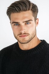Fototapeta premium Close-up portrait of an elegant young European man with expressive blue eyes, confident gaze, short smooth haircut, light brown hair, dark sweater, high-quality RAW image with detailed background