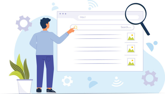 A modern search engine concept illustration for web and UI design, showcasing a sleek search bar with advanced filtering options, relevant search results, and icons representing different types of con