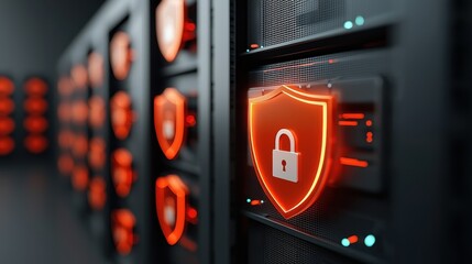 Naklejka premium A close-up of a server rack featuring illuminated red shield icons, symbolizing cybersecurity and data protection.