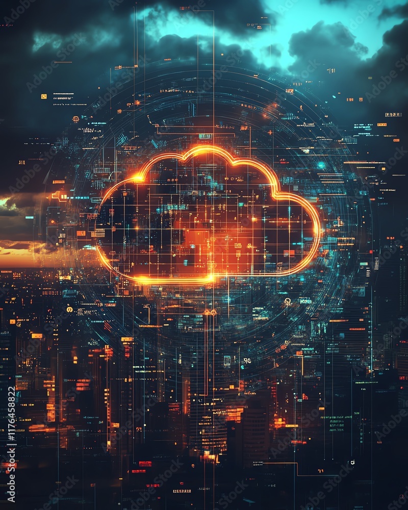 Poster round data management hologram with jigsaw puzzle elements floating