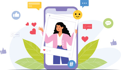 A social media engagement illustration, featuring a user interacting with posts, liking, sharing, and commenting, surrounded by emojis, reaction icons, and notification bubbles