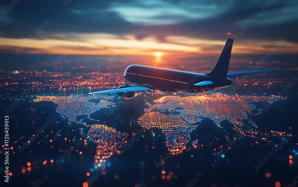 Poster 3d digital flight booking interface with a global map and live data display, illustrating the next g