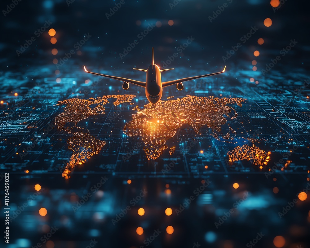 Poster 3d rendering of a digital flight booking system featuring a global map with data interface, highligh