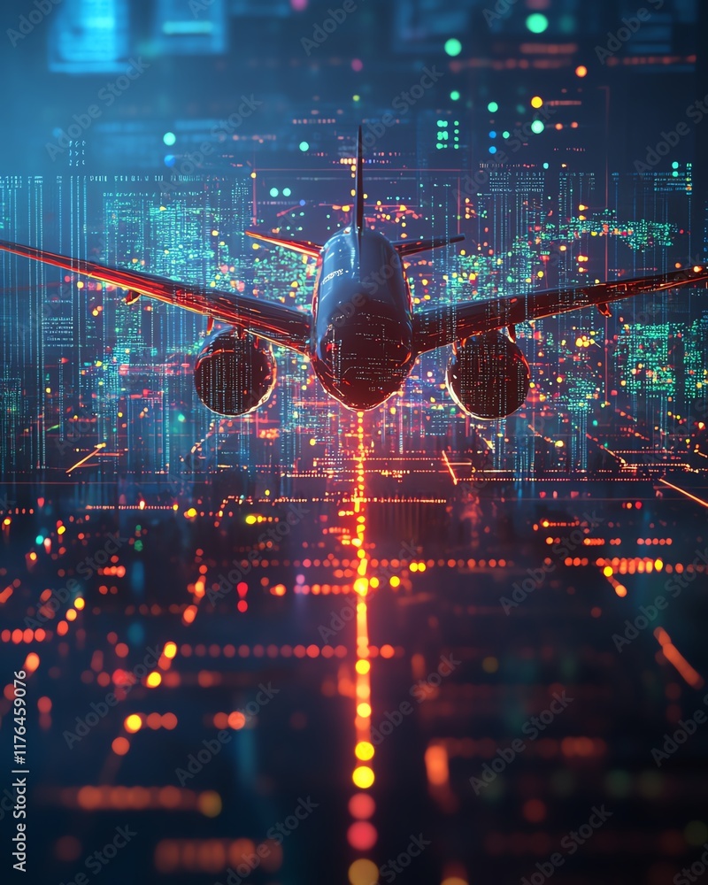 Poster 3d rendering of a digital flight booking system featuring a global map with data interface, highligh