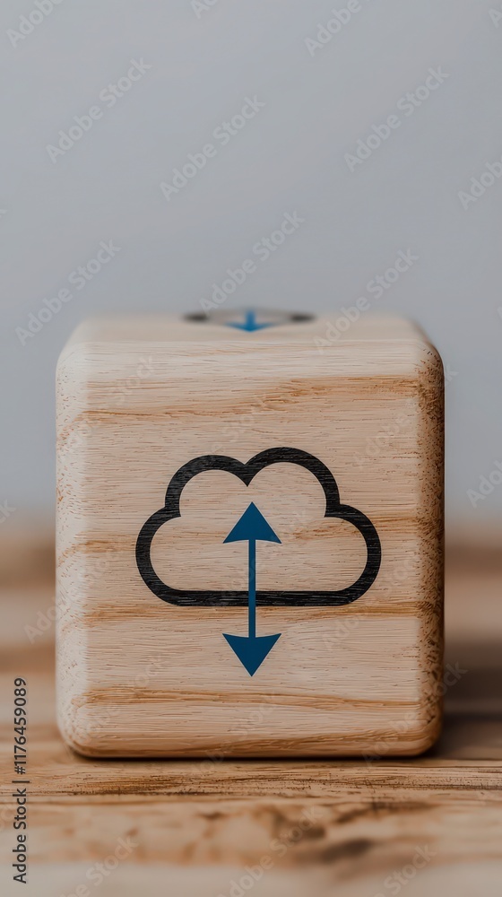 Poster cloud data storage wooden cube upload download 3d render network concept