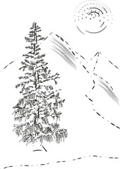Mountains, spruce, sun from points for design.
