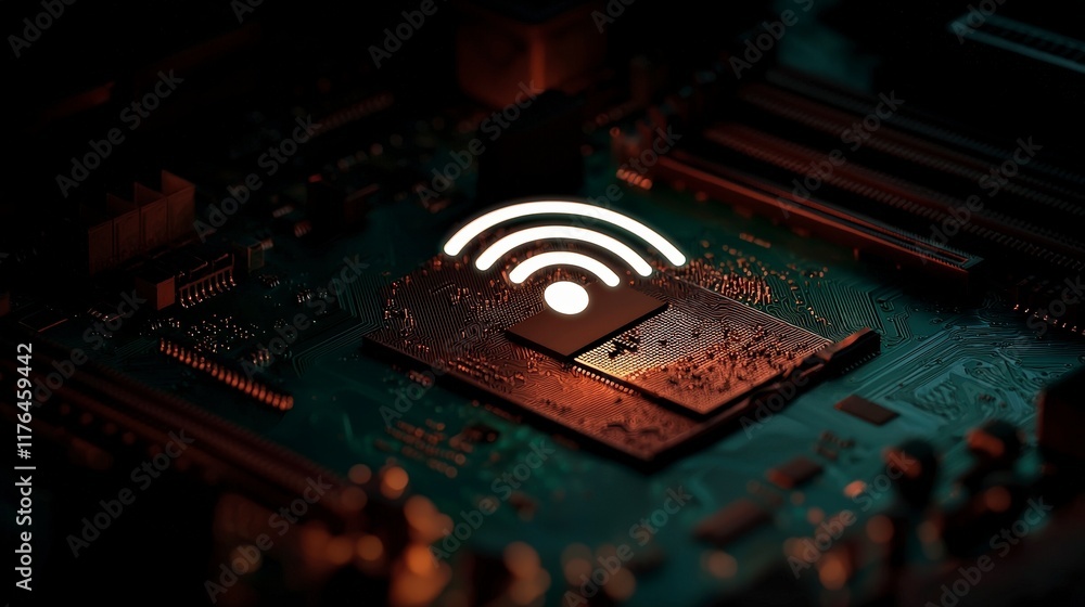 Poster futuristic wireless technology microchip wifi network data flow