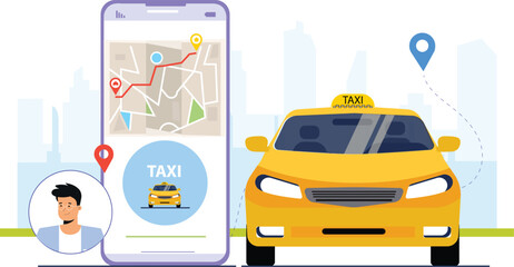 A cab service mobile app illustration, showing a user interacting with an app interface that displays a map, navigation routes, and car options, highlighting key features like real-time tracking, book