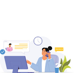 A client and call center interaction illustration design, showcasing a customer speaking with a call center agent via phone or chat, with speech bubbles, helpful icons, and a supportive