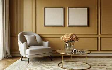 Classic interior with armchair, table, flowers, blank frames, rug.