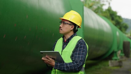 Professional engineer using a tablet for project evaluation. Happy manager documenting quality checks and maintenance tasks. Project, tablet, engineer, quality assurance, smiling